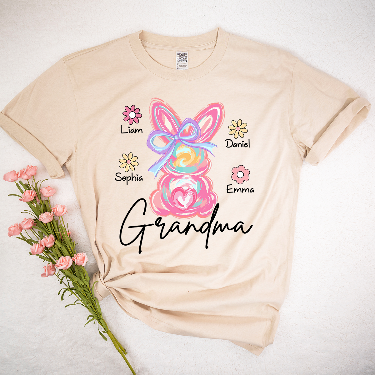 Custom Grandma T Shirt Bunny Design, Personalized Floral Shirt With Children Names