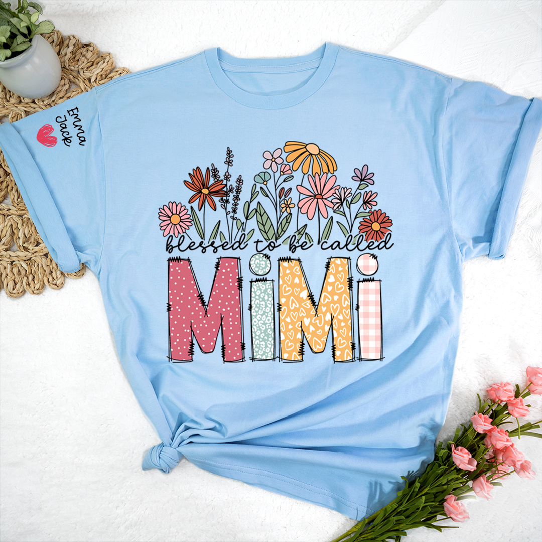 Blessed to Be Called Mimi Shirt Personalized with Grandkids Names, Floral Design