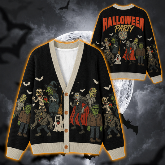 Halloween Monsters Cardigan, Classic Horror Characters Knitted Sweater, Vintage Monster Party Cardigan, Spooky Halloween Outfit