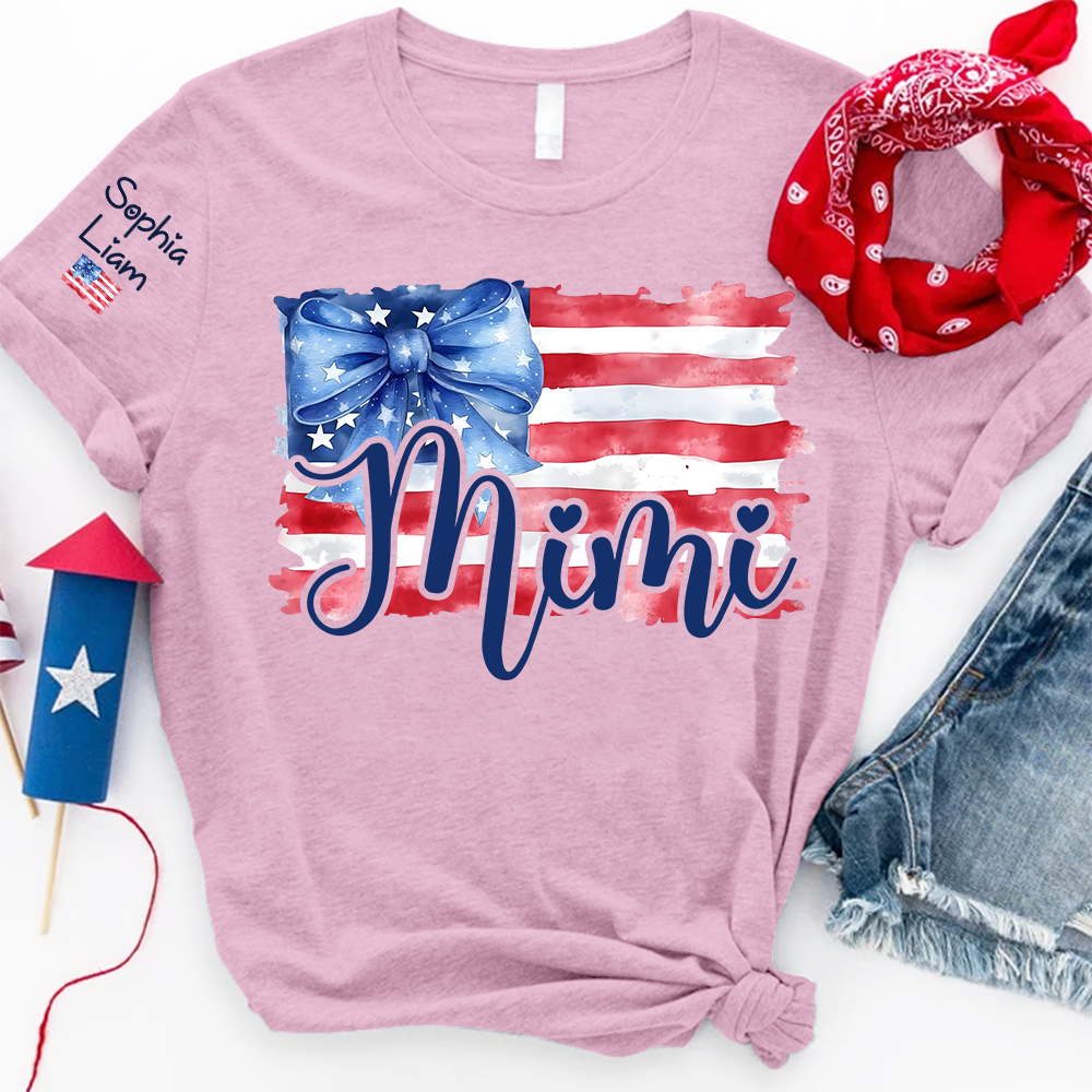 Personalized Mimi American Flag T Shirt with Blue Bow, Custom Mom Gift for Independence Day