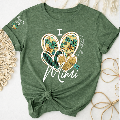 I Love to Be Called Mimi Heart Design T-shirt For St. Patrick's Day, Personalized Clover Design T-shirt for Grandma with Grandchildren's Names