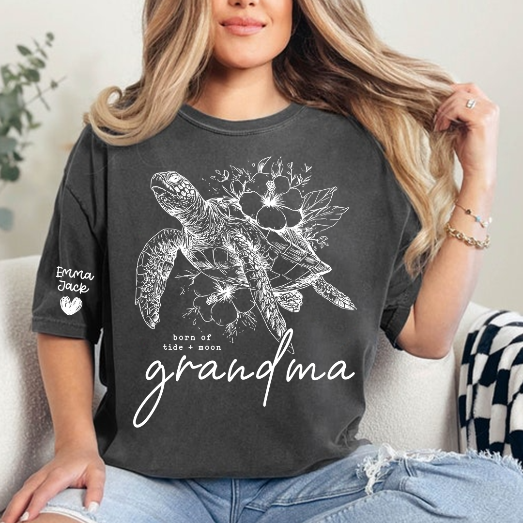 Custom Grandma Sea Turtle T Shirt, Personalized Grandchildren Names Sleeve Tee, Nature Lover Grandma Gift for Women