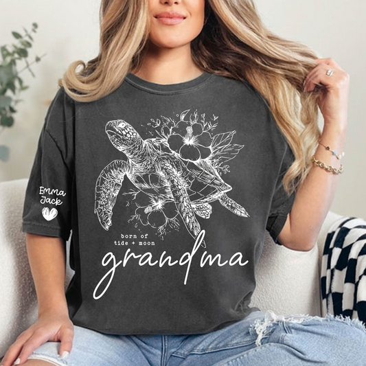 Custom Grandma Sea Turtle T Shirt, Personalized Grandchildren Names Sleeve Tee, Nature Lover Grandma Gift for Women