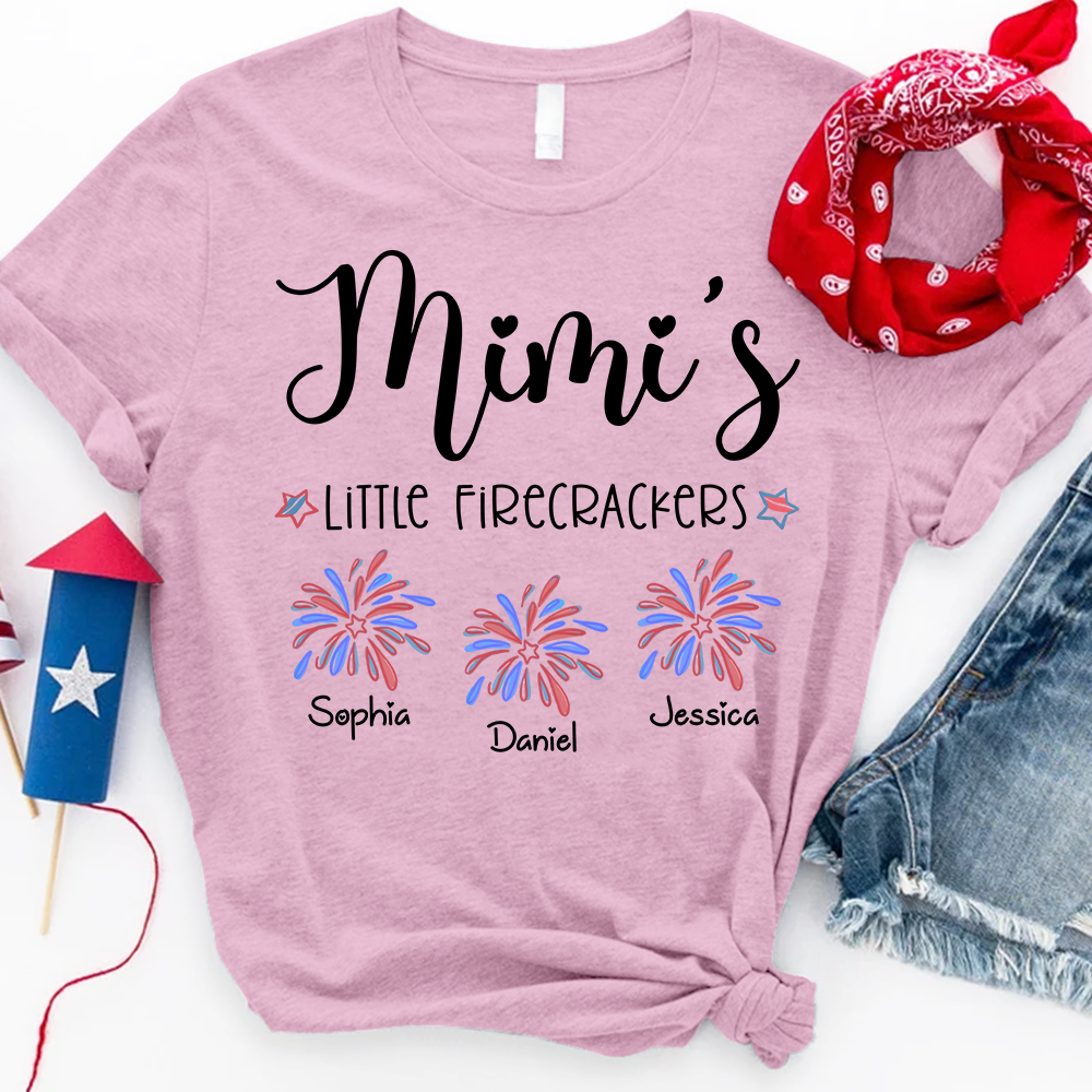 Mimi’s Little Firecrackers T Shirt, Custom Names with Firework Graphic, Great Gift for Grandma on 4th of July or Birthday
