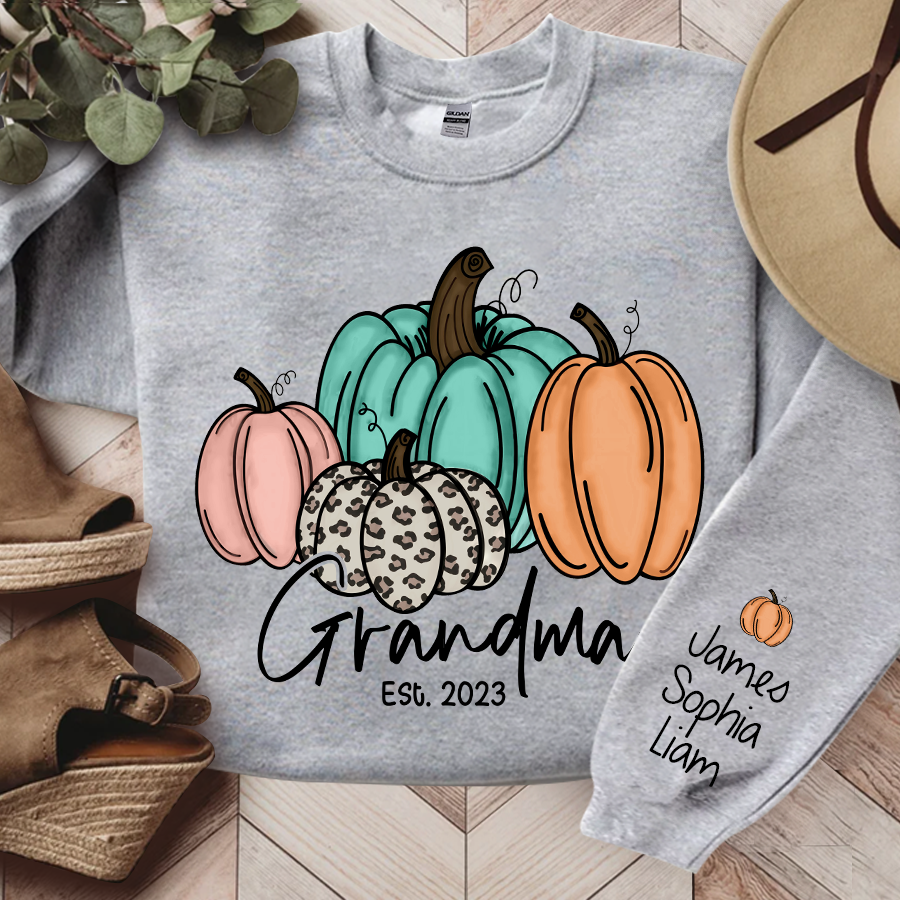 Grandma Est Fall Pumpkin Sweatshirt, Custom Grandma Est And Kids Autumn, Grandma Gift TH