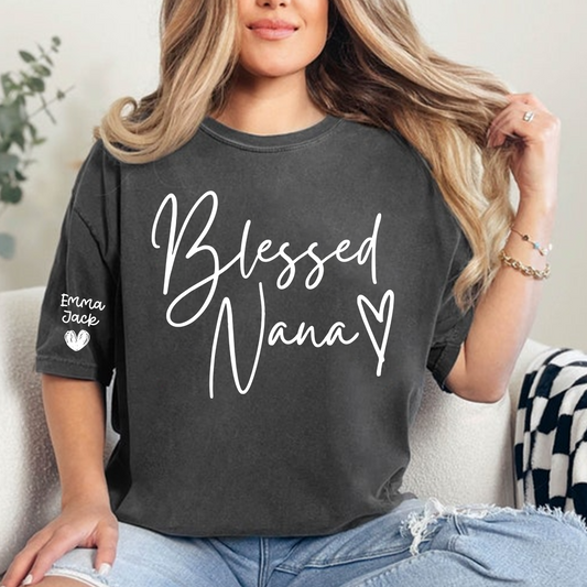 Blessed Nana Personalized T-Shirt, Custom Family Names Tee with Heart Design