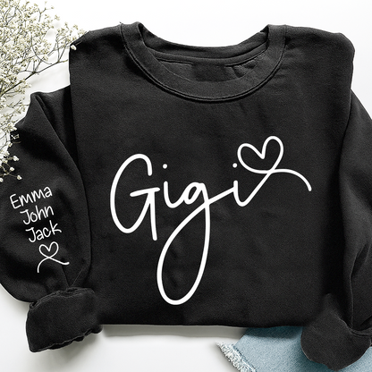 Custom Gigi Sweatshirt, Elegant Script Heart Design Personalized Names