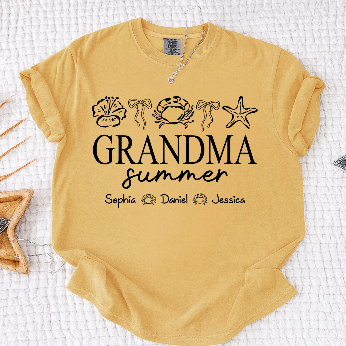 Comfort Colors Grandma Summer Beach T-Shirt, Personalized Ocean Fish Graphic Tee, Custom Kids Names Coastal Grandma Apparel