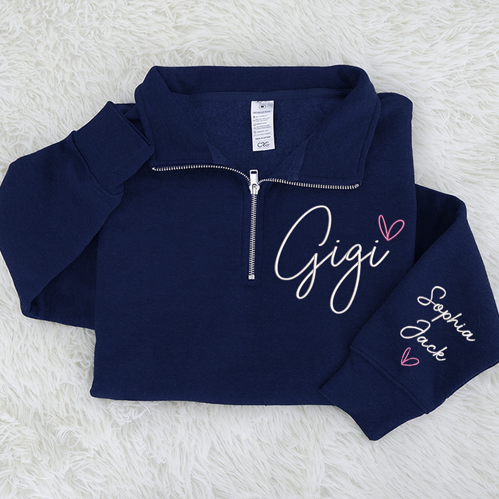 Personalized Gigi Quarter Zip Sweatshirt – Custom Embroidered Gift For Grandma Or Gigi With Grandkids Names