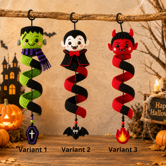 Handmade Crochet Halloween Spiral Hanging Ornament – Frankenstein Dracula Devil Halloween Decor, Cute Halloween Gift