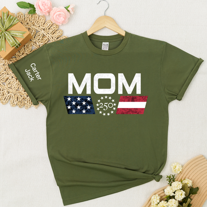 Personalized Mom America's 250th Anniversary Shirt, Custom Kids Names Sleeve Tee, Patriotic USA 1776-2026 Independence Day Gift