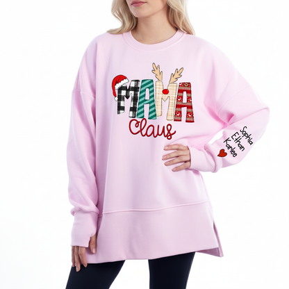 Mama Claus Oversized Christmas Sweatshirt - Personalized Holiday Pullover with Kids' Names on Sleeve, Cozy Festive Gift for Mom