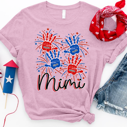 Personalized Mimi Shirt with Handprints, Custom Grandkids Names and Fireworks Design, Perfect Gift for Mimi
