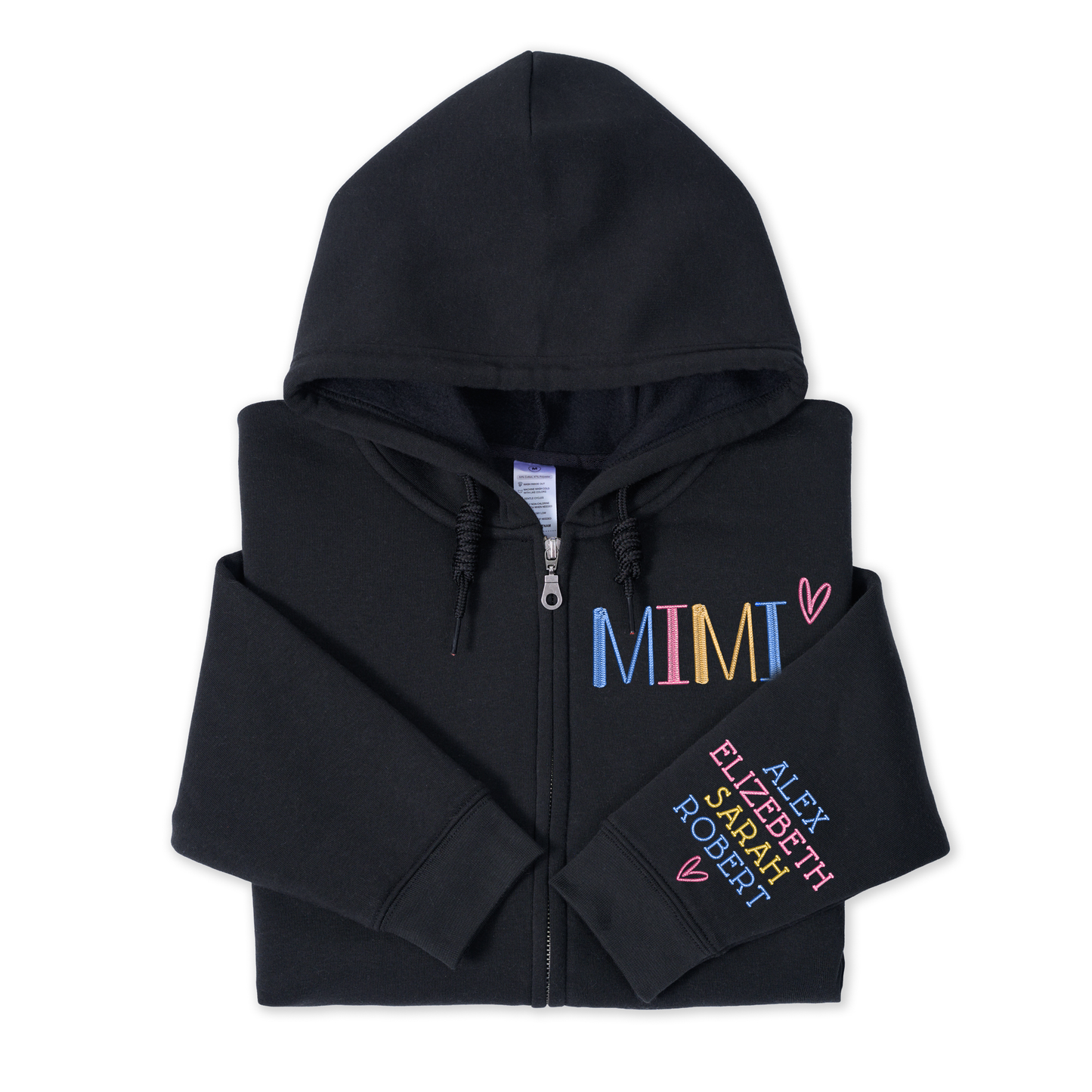 Personalized Embroidered Zip Hoodie for Grandma Mimi, Custom Name & Kids Names Sleeve Stitching, Cozy Full Zip Hooded Sweatshirt Gift for Family