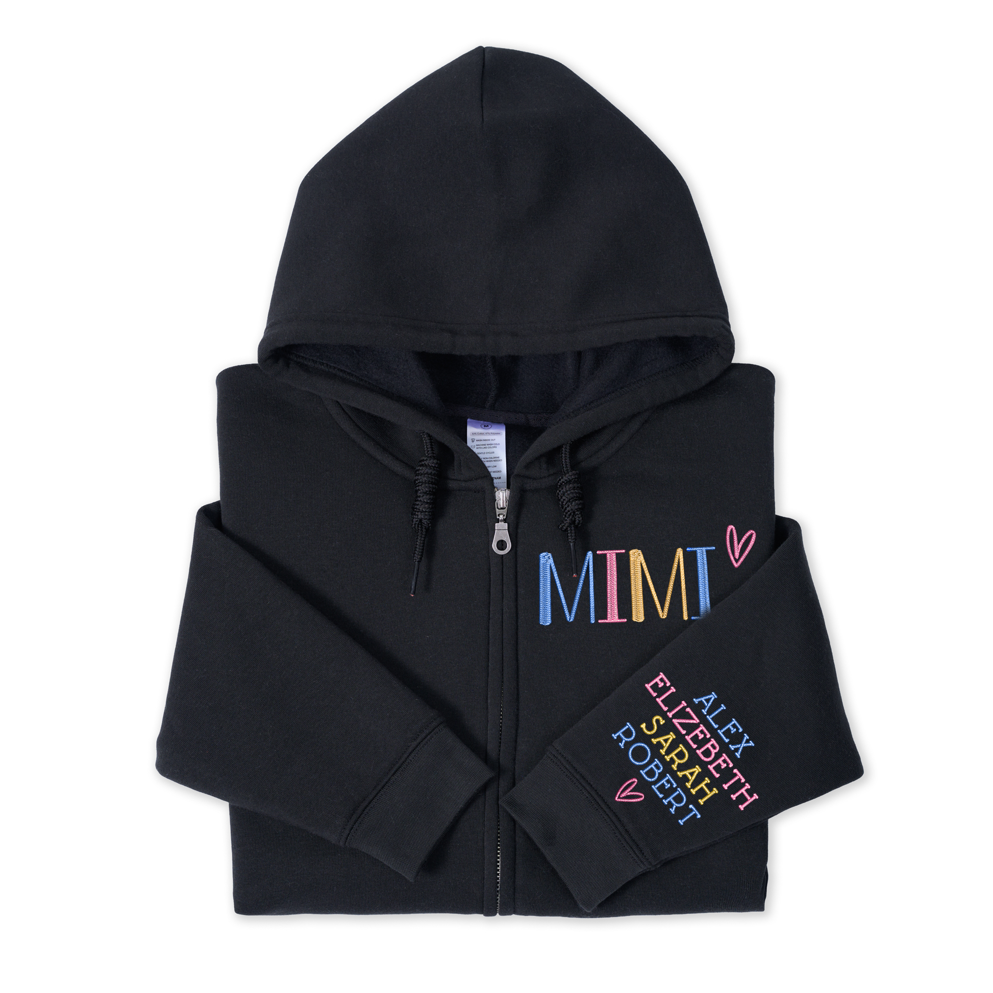 Personalized Embroidered Zip Hoodie for Grandma Mimi, Custom Name & Kids Names Sleeve Stitching, Cozy Full Zip Hooded Sweatshirt Gift for Family
