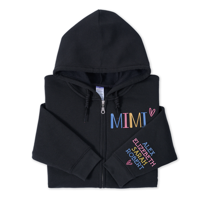 Personalized Embroidered Zip Hoodie for Grandma Mimi, Custom Name & Kids Names Sleeve Stitching, Cozy Full Zip Hooded Sweatshirt Gift for Family