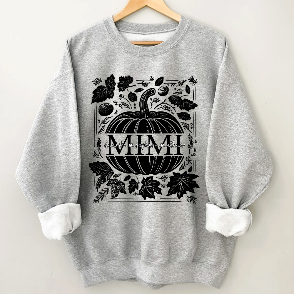 Custom Mimi Autumn Sweatshirt, Pumpkin and Leaf Design with Grandkids Names, Personalized Grandma Fall Apparel