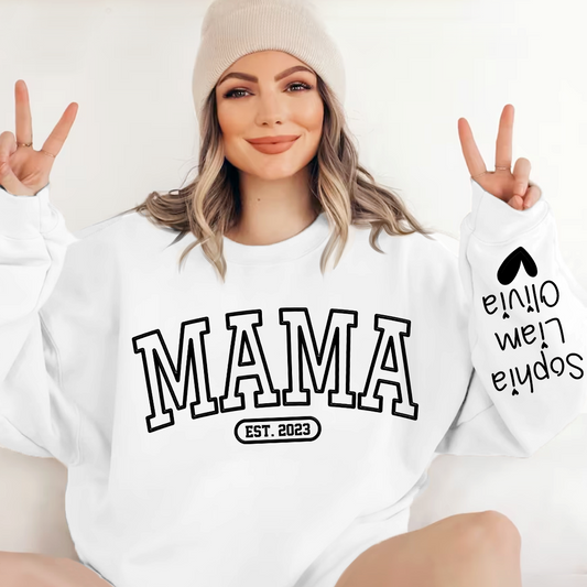 Mama Sweatshirt With Personalized Child's Name Embossed On Sleeve, Mother's Day Gift LTP01