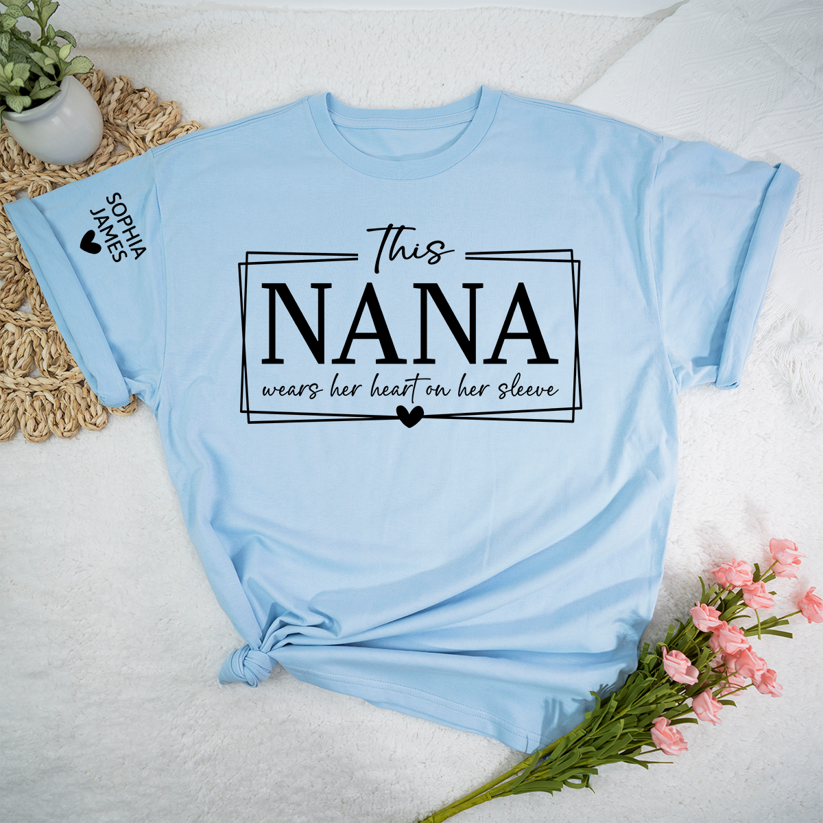 This Nana Wears Her Heart on Her Sleeve Shirt, Personalized Grandma TShirt, Cute Family Apparel for Women, Meaningful Nana Clothing
