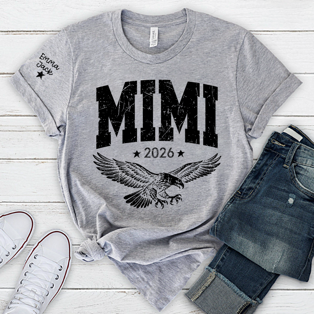 Personalized Grandma T-Shirt, Mimi Est, Custom Names On Sleeve Shirt with Eagle & Custom Names