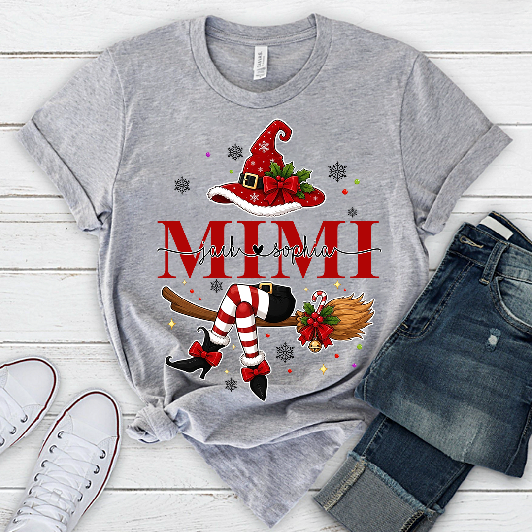 Funny Mimi Holiday Shirt, Christmas Santa Witch Legs Graphic Tee, Personalized Grandma T Shirt, Cute Winter Gift for Women