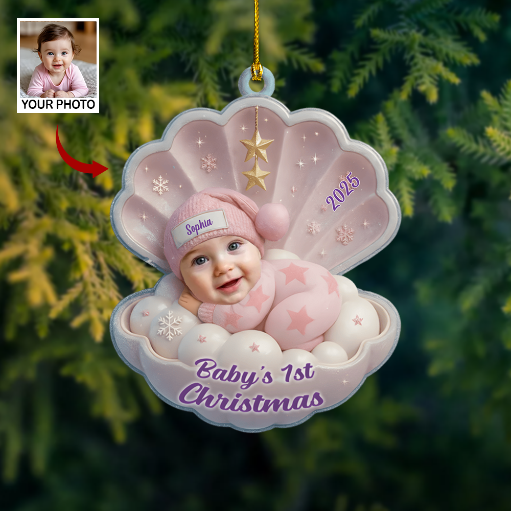 Custom Baby Ornament 2025 – Baby’s First Christmas Shell Ornament, Personalized Name Gift for New Parents Ornament