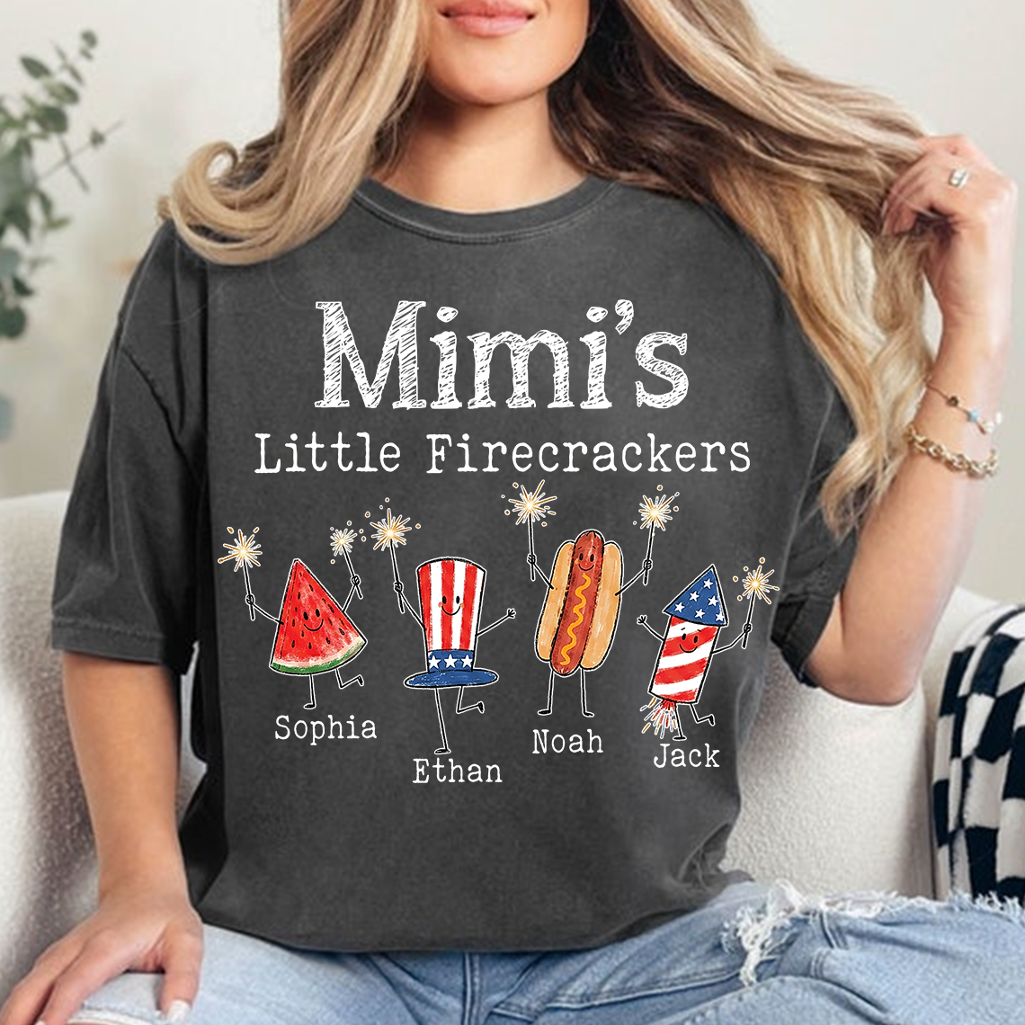 Personalized Mimi's Little Firecrackers Shirt, Custom Grandma Tee with Grandkids Names, Patriotic 4th of July Family Shirt for Mimi