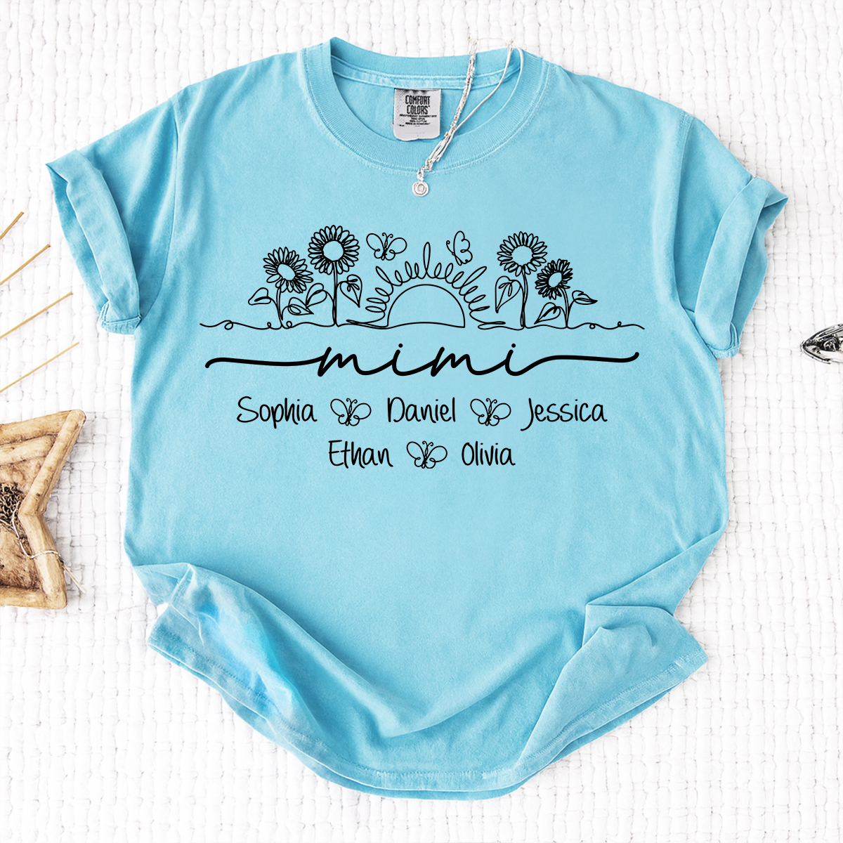 Comfort Colors Custom Mimi T Shirt with Grandchildren Names, Sunflower Garden Graphic Tee, Personalized Family Apparel for Women