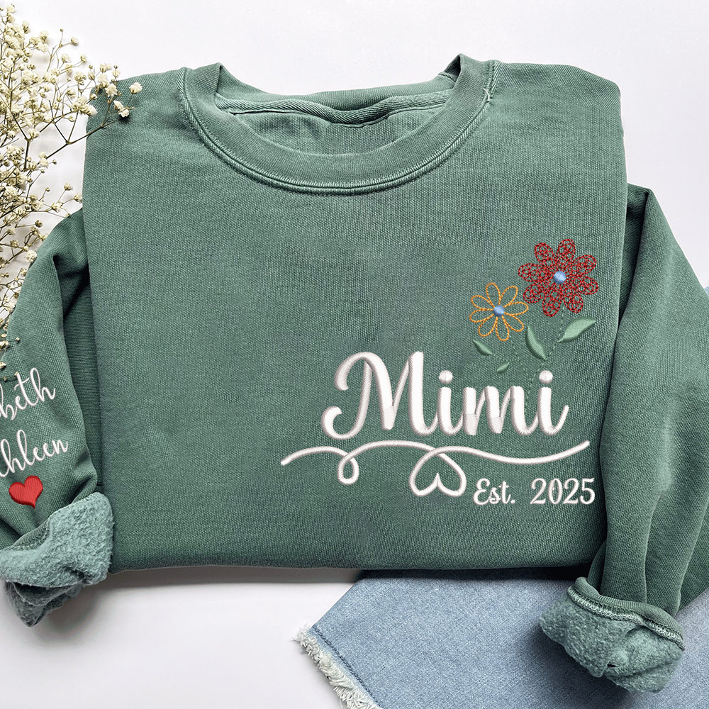 Personalized Embroidered Name Sweatshirts with Flowers, Gifts For Grandma And Kids