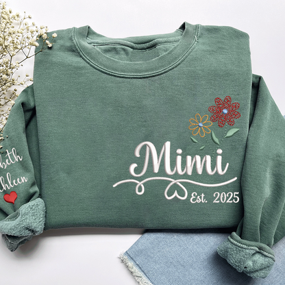 Personalized Embroidered Name Sweatshirts with Flowers, Gifts For Grandma And Kids