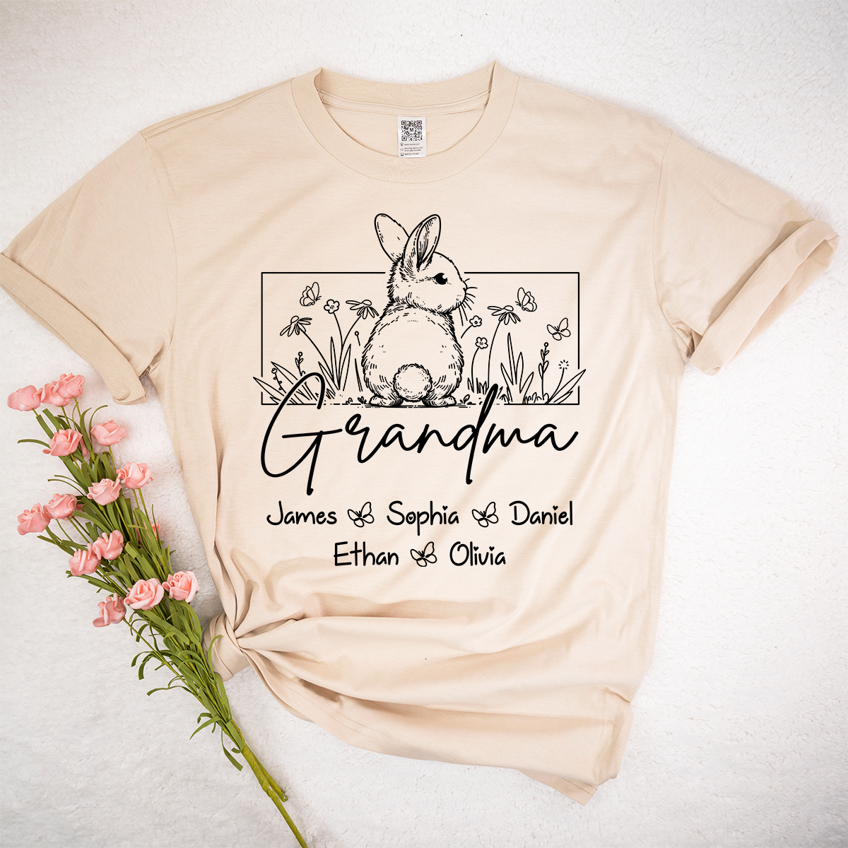 Personalized Grandma Bunny Shirt With Grandkids Names, Custom Easter Grandma Line Art T Shirt