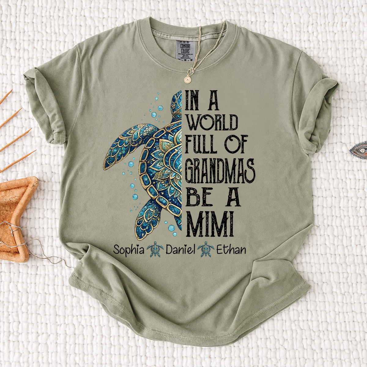 Comfort Colors Personalized Mimi Turtle Shirt, In A World Full Of Grandmas Be A Mimi Tee, Custom Grandkids Names Gift for Grandma
