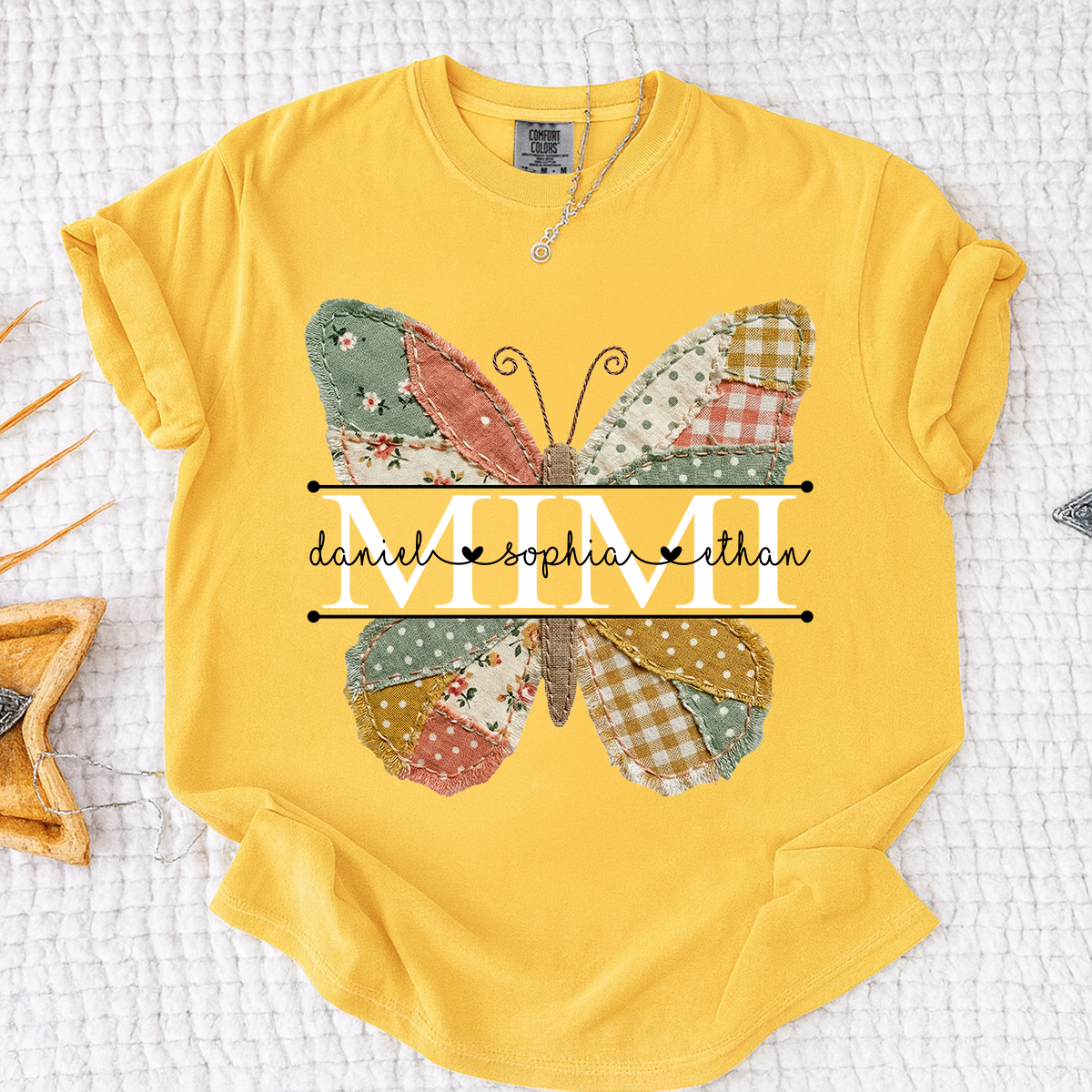 Comfort Mimi Butterfly Shirt, Custom Grandkids Names with Colorful Patchwork Butterfly Design
