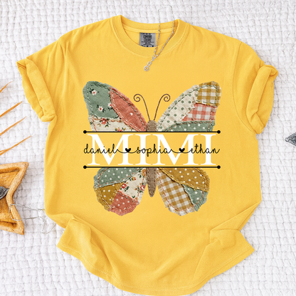 Comfort Mimi Butterfly Shirt, Custom Grandkids Names with Colorful Patchwork Butterfly Design
