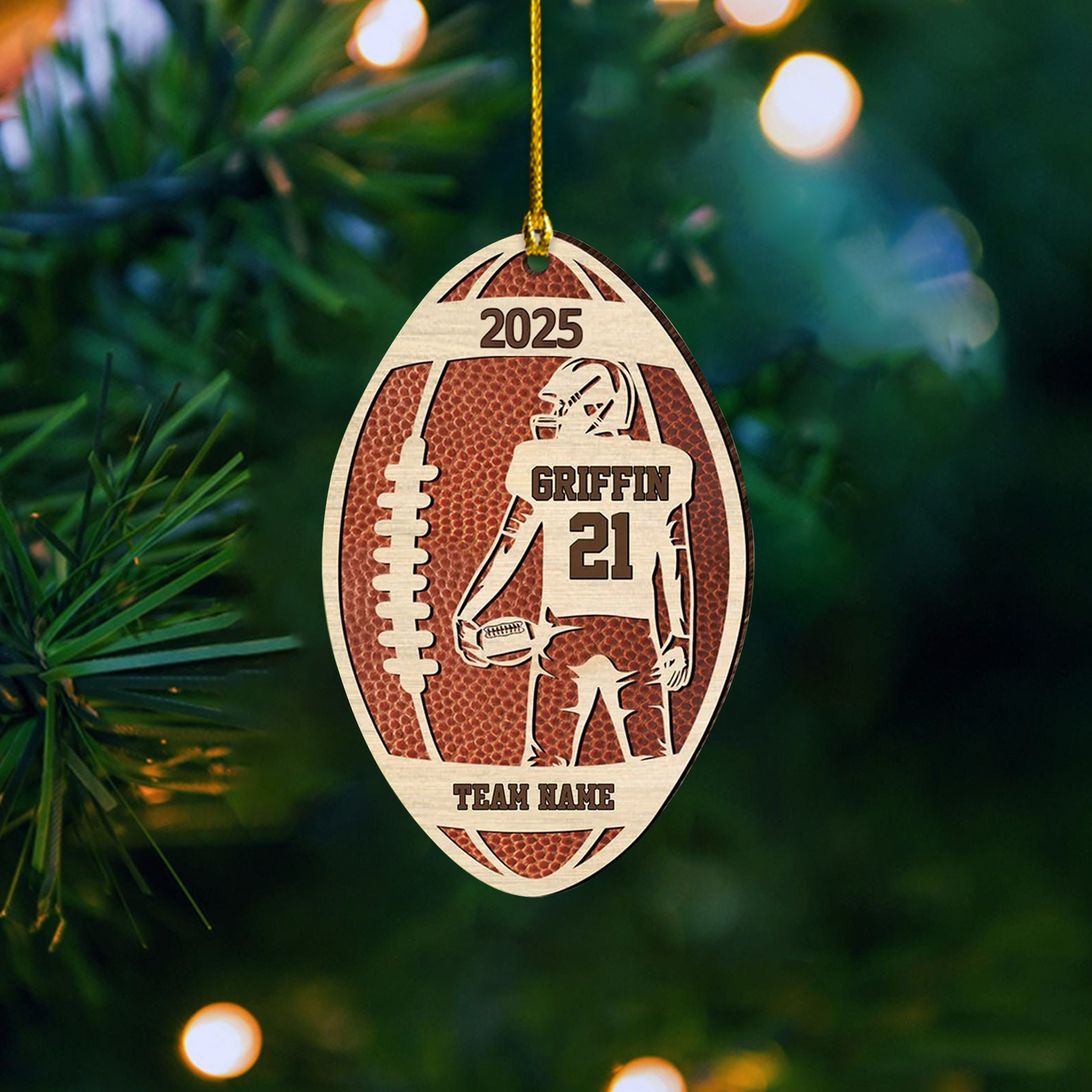 Personalized Wooden Football Ornament, Custom Name & Team Sports Christmas Decoration Wooden Ornament