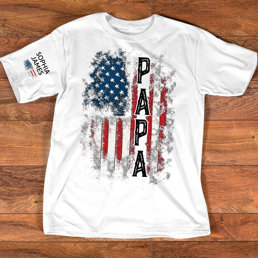 Custom Papa Shirt, 4th of July American Flag Design, Personalized with Family Names, Patriotic Gift Tee