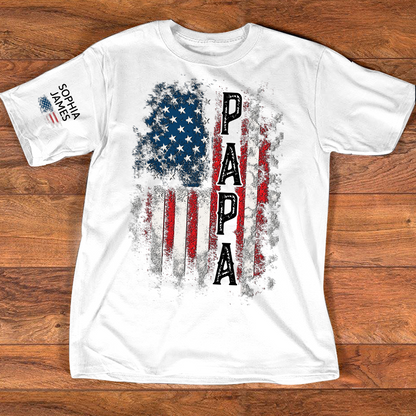 Custom Papa Shirt, 4th of July American Flag Design, Personalized with Family Names, Patriotic Gift Tee