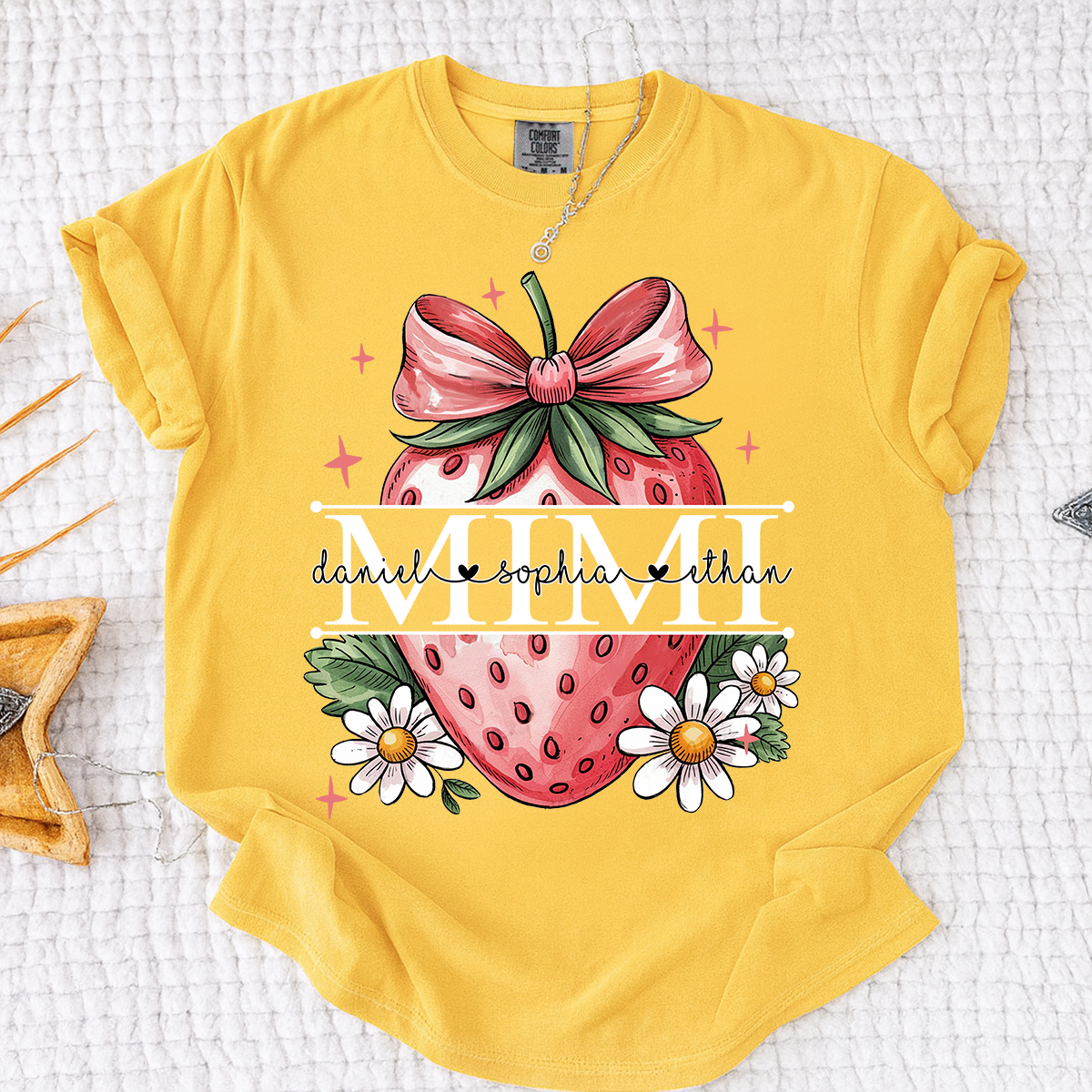 Comfort Colors® Custom Mimi T Shirt with Strawberry Bow Design, Floral Grandma Graphic Tee, Cute Summer Fruit Shirt for Mimi