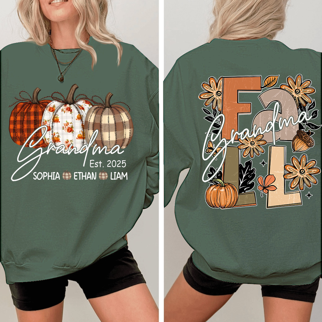 Grandma Autumn Sweatshirt, Pumpkin Floral Shirt with Custom Grandkids Names