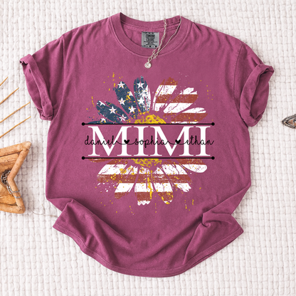 Comfort Mimi Daisy Shirt With American Flag Print, Custom Name, Floral Design, Personalized Family t-shirt