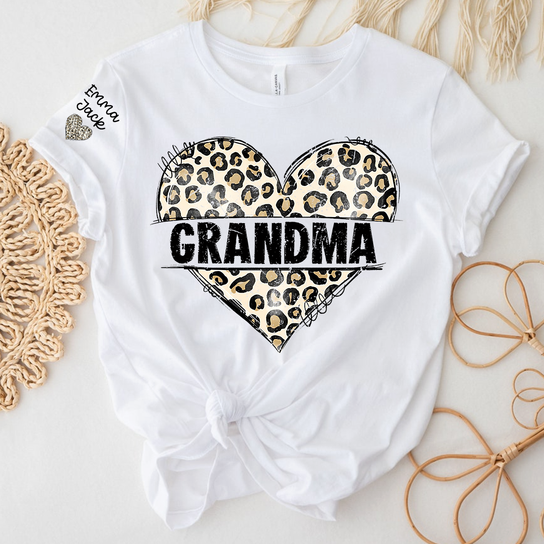 Leopard Heart Grandma Shirt, Personalized Grandkids Names Family T Shirt