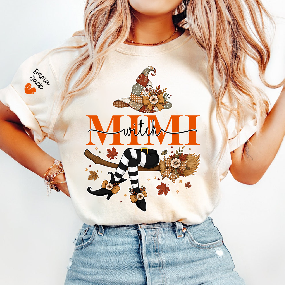 Funny Mimi Witch Shirt, Fall Halloween Grandma Graphic Tee, Personalized Family Names T Shirt, Cozy Autumn Gift for Mimi