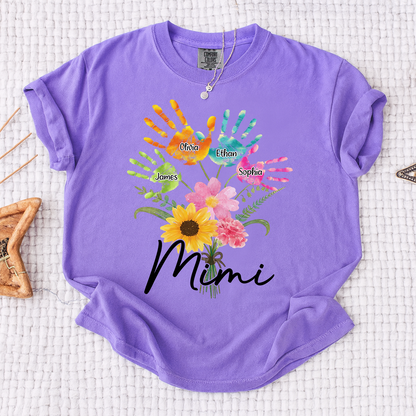 Custom Mimi Shirt, Personalized Handprints and Flowers with Family Names, Idea Gift for Mimi