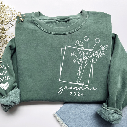 Fall Floral Design Sweatshirt with Flowers, Custom Nickname Grandma And Kids