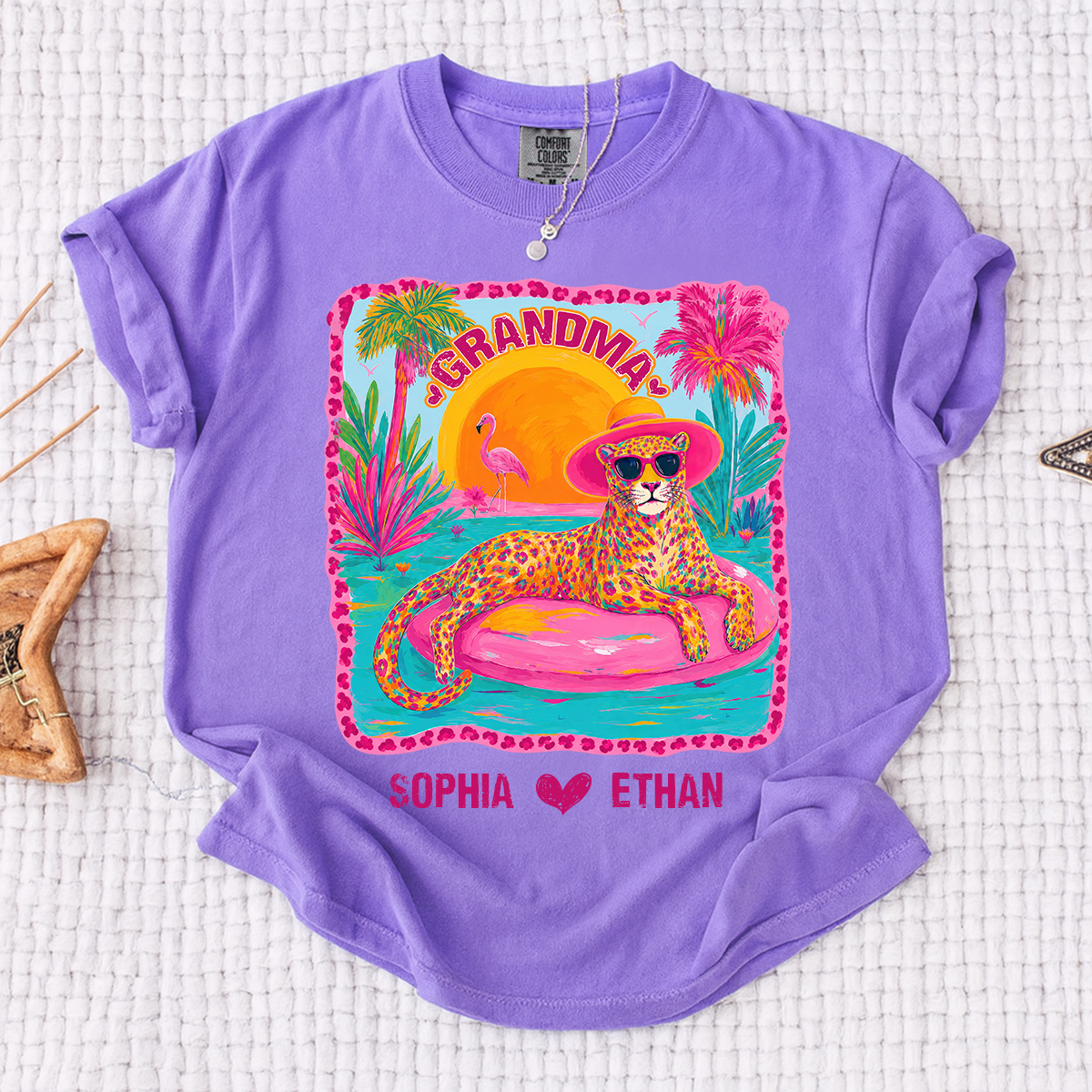 Comfort Colors® Custom Grandma Preppy Summer Gift Shirt, Gift For Grandma And Kids, Girly Beach Tee Retro Leopard Shirt Design Cute Summer Colorful Summe
