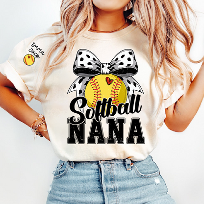 Proud Softball Nana T Shirt, Personalized Kids Names Sports Shirt with Bow Graphic