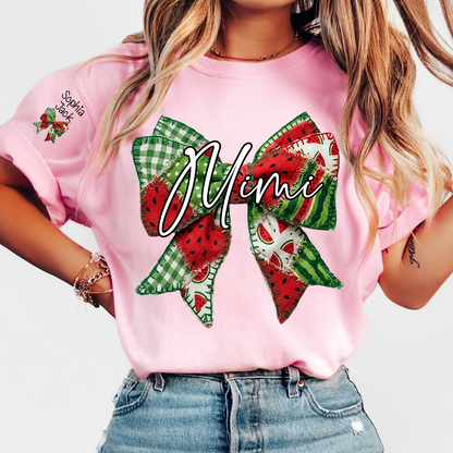 Mimi Watermelon Bow T-Shirt Personalized Grandma Shirt Summer Family Names Tee