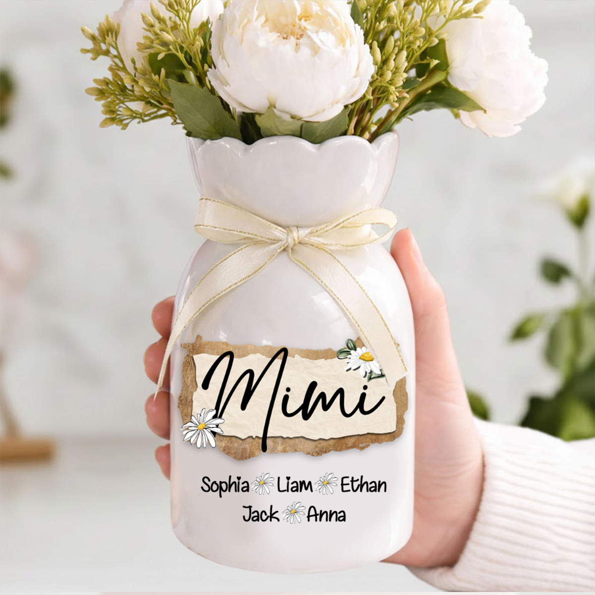 Personalized Mimi Flower Vase with Grandkids' Names, Custom Ceramic Vase, Perfect Gift for Mimi