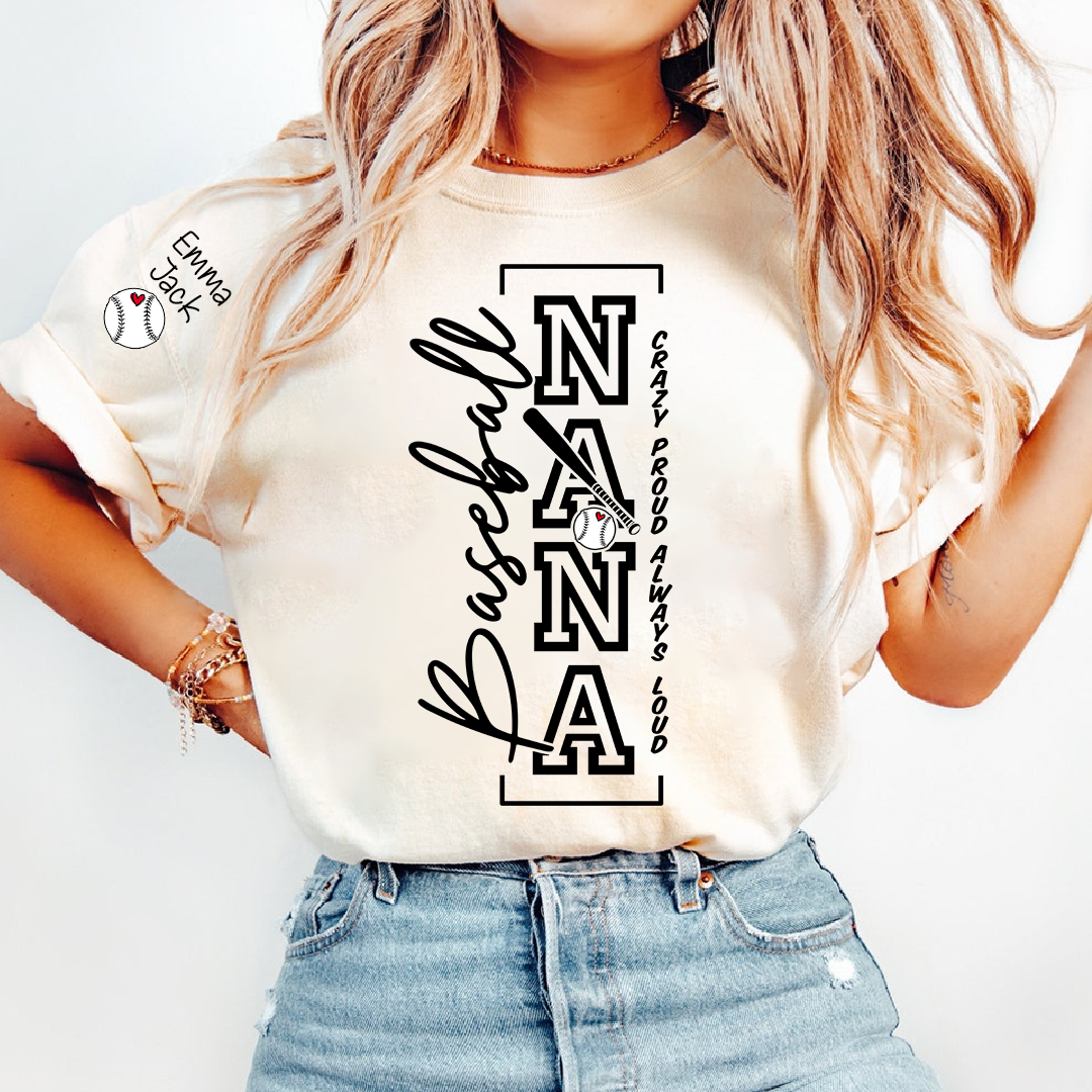 Baseball Nana T-Shirt, Custom Family Name Shirt with Modern Vertical Graphic