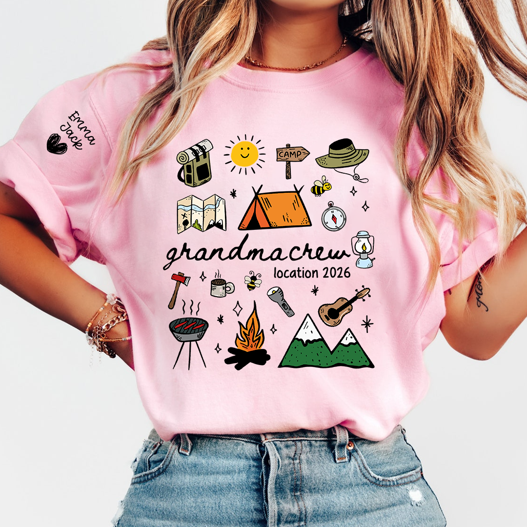 Custom Grandma Crew Camping T Shirt, Personalized Family Names Sleeve Design, Outdoor Adventure Tee for Grandma, Camp Lover Gift